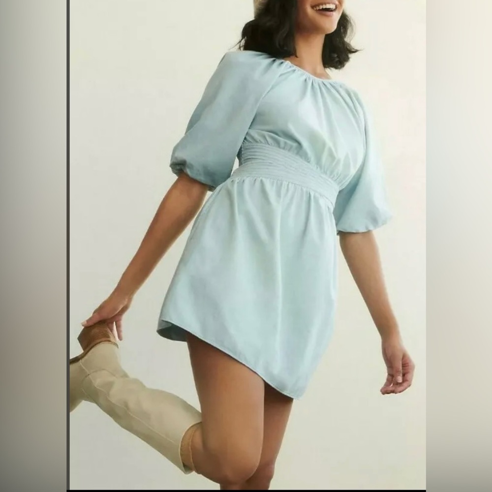 Anthropologie light denim back tie short dress size Medium